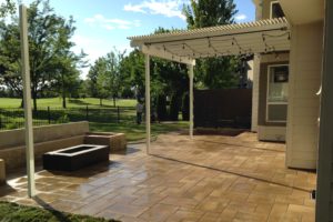 A finished paver patio in the backyard of a Meridian home.